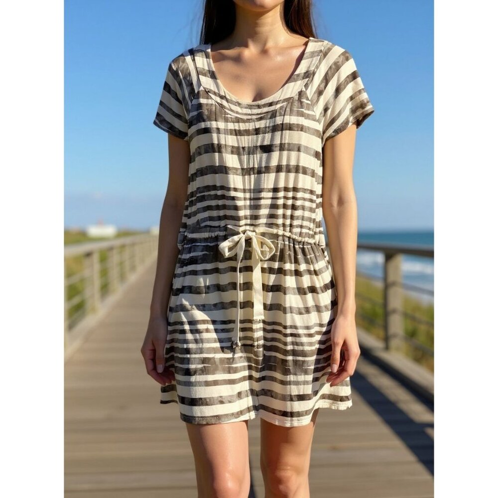 Brown & White Striped Short Sleeve Dress‎ By Daisy Fuentes With Drawstring Waist